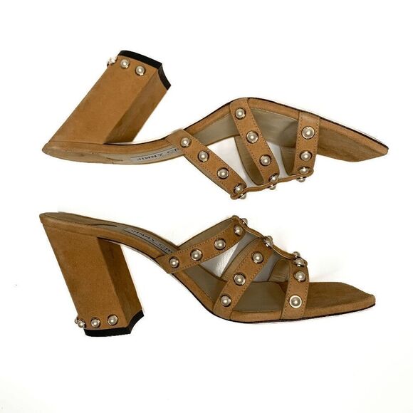 Jimmy Choo Hazal 85 Tan Suede Pearl Studded Heel Mule Slip On Sandal EU 39 US 9 - Picture 2 of 9
